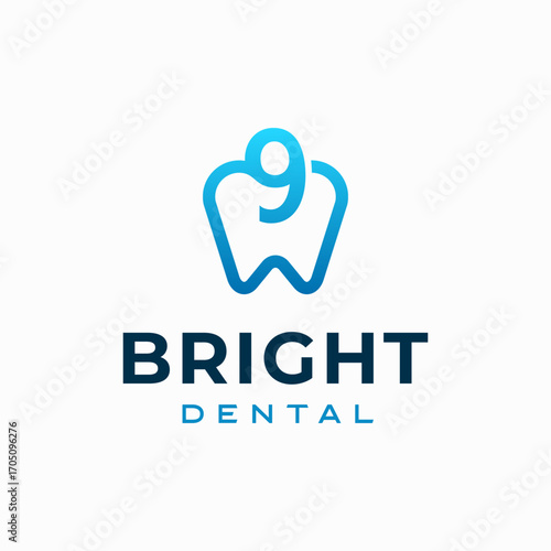 Number 9 Dental Clinic Logo Tooth abstract design vector template Linear style. Dentist stomatology medical doctor Logotype concept icon