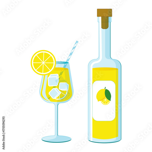Limoncello spritz cocktail and lemon liqueur in bottle set of vector illustrations for bar and menu. Traditional italian aperitif on isolated background.