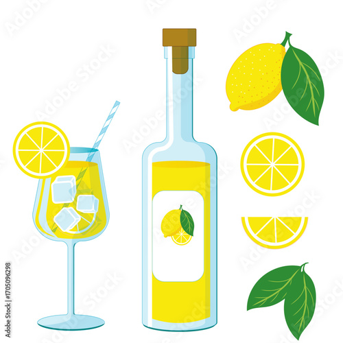 Limoncello spritzes cocktail and lemon liqueur in bottle set of vector illustrations for bar and menu. Traditional italian aperitif and lemons copypart on isolated background.