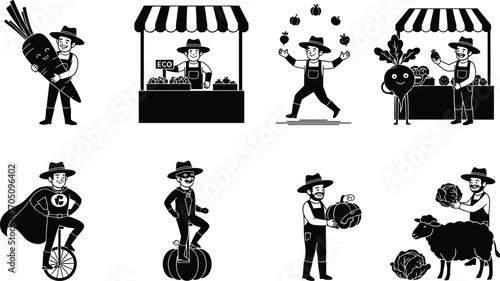 Farmer with vegetables, organic market stall, eco farming concept, cartoon agriculture character, vegetable mascot, farm produce, healthy lifestyle