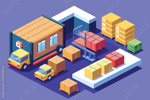 Isometric Illustration of Warehouse Logistics and Cargo Transportation