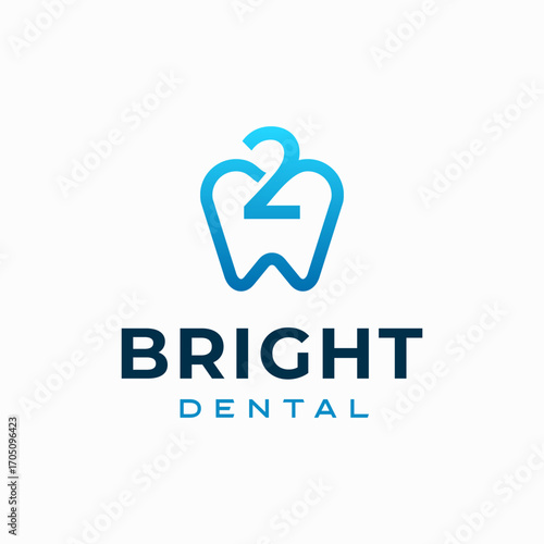 Number 2 Dental Clinic Logo Tooth abstract design vector template Linear style. Dentist stomatology medical doctor Logotype concept icon