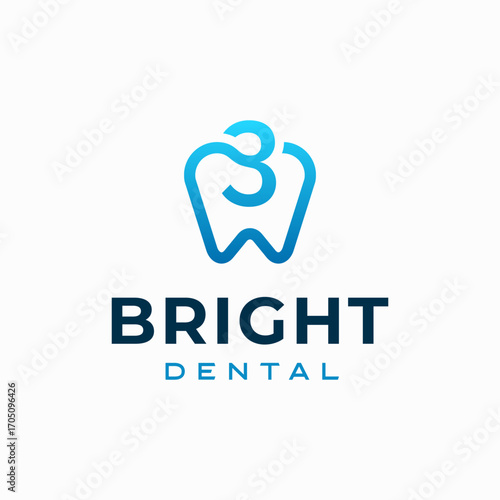 Number 3 Dental Clinic Logo Tooth abstract design vector template Linear style. Dentist stomatology medical doctor Logotype concept icon