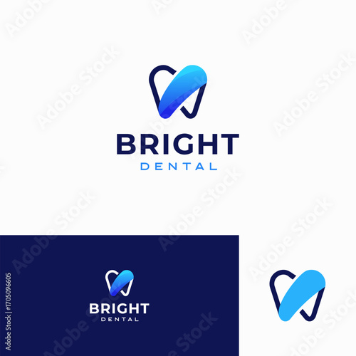 Modern dental logo designs. Abstract tooth icons on white and blue backgrounds.