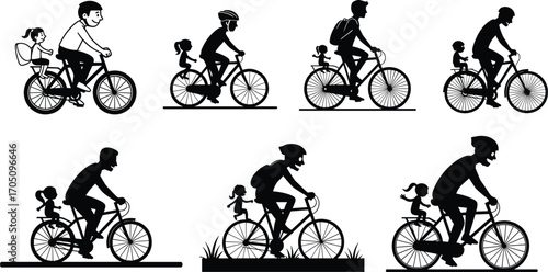 Father and daughter cycling together, family biking fun, outdoor ride illustrations, parent child bonding, cartoon bicycle ride scenes