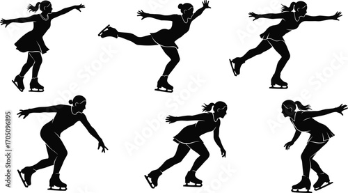 Female figure skater silhouettes performing ice skating moves, elegant poses, winter sport, athleticism, balance, grace, speed on ice