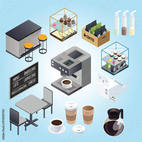 Isometric Detail Coffee Shop Cafe Interior Elements Illustration Design