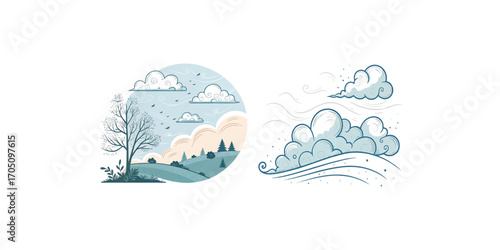 Print  Vector Illustration of Wind Blowing Clouds – Weather and Nature Concept Design