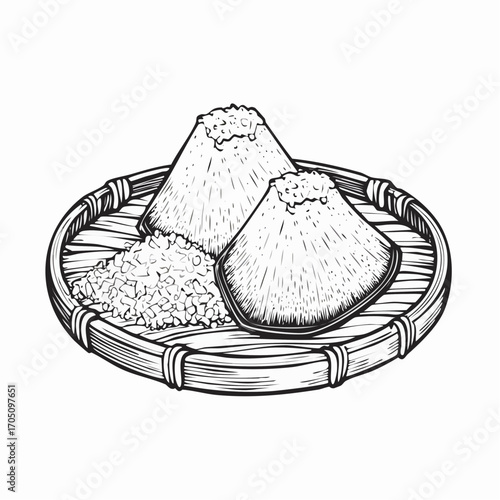 Hand-Drawn Illustration of Rice in a Wooden Tray