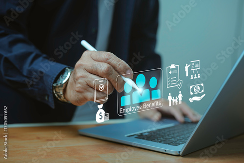 Businessman using digital technology to manage employee benefits with icons of healthcare, insurance, salary, and work-life balance, representing HR solutions and workplace support.
