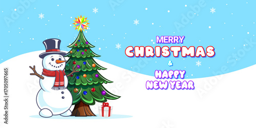 Vector cartoon cute kind holiday postcard or poster. Comical funny smiling toon snowman in top hat and scarf. Green fairytale spruce and box with gift. Merry Christmas and Happy New Year. Snowflakes