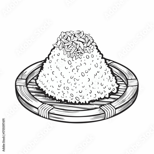 Steaming Rice Mound with Topping on Bamboo Plate Illustration