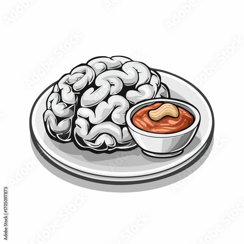 Illustration of a human brain served as a meal on a plate with dipping sauce, a creative concept for brain food or intelligence