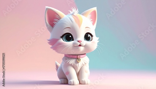 Cute white fluffy kitten with pink collar sitting on pastel background