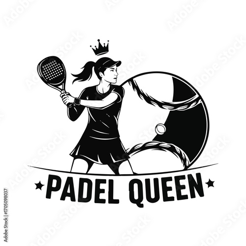 A black and white logo of a female padel player with a crown, swinging her racket, with the text 'Padel Queen' below.