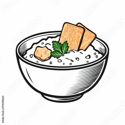 Hand-drawn illustration of a bowl of oatmeal topped with crackers and a sprig of parsley, perfect for breakfast or healthy eating concepts