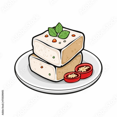 A delicious dish of tofu and dipping sauce, presented on a simple white plate, garnished with fresh herbs, an appealing illustration for food blogs and recipes