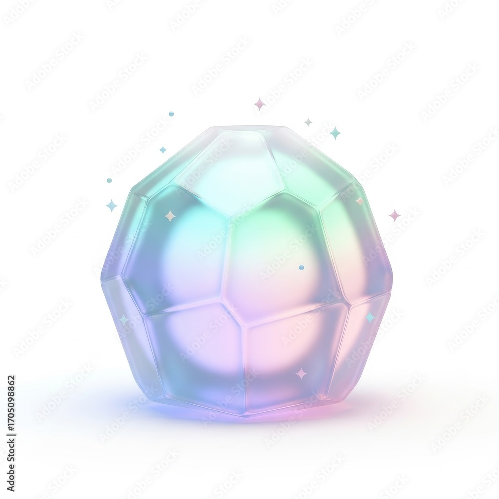 Naklejka premium A stylized, faceted gem or crystal with iridescent colors and soft lighting, set against a white background