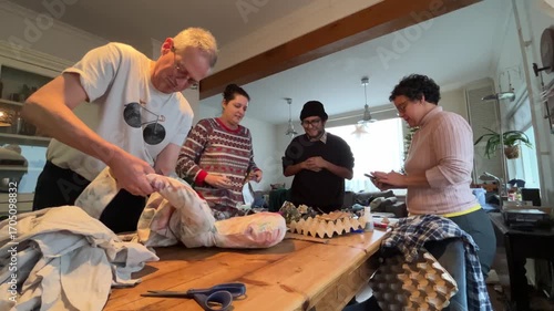 Latin American Traditions for Christmas and New Year in Europe - Family is gathering around a wooden table, preparing an año viejo effigy, a Latin American Ecuadorian tradition for New Year's Eve