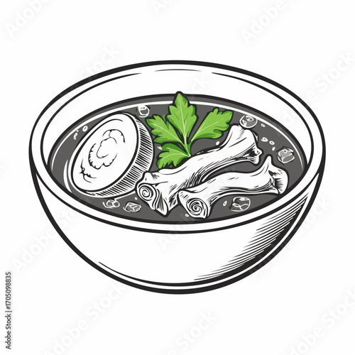 Sketch style illustration of a comforting bowl of homemade bone soup with meat and fresh herbs, isolated on white