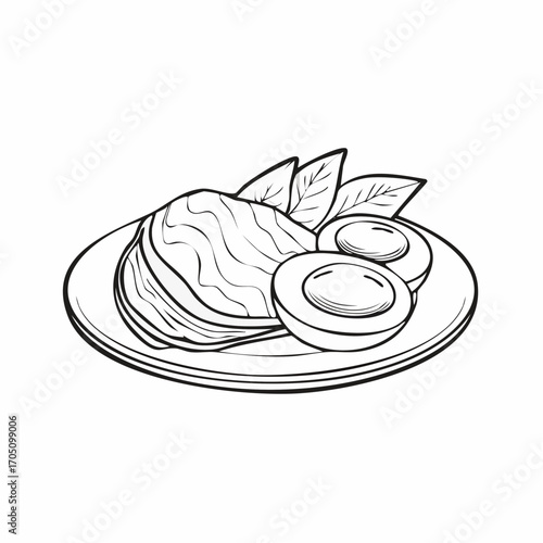 Stylized line art of a wholesome and artfully arranged plate showcasing a savory main dish, perfectly sliced boiled eggs, and fresh herb garnish, evoking healthy and delicious meal concepts