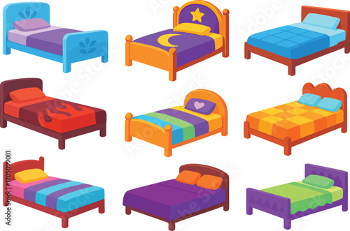 Vibrant collection of cartoon beds perfect for children's rooms, game design or playful interior concepts in a variety of styles and colors