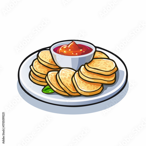 Vector illustration of a classic appetizer plate with crispy potato chips and a savory red dipping sauce, a delicious snack concept