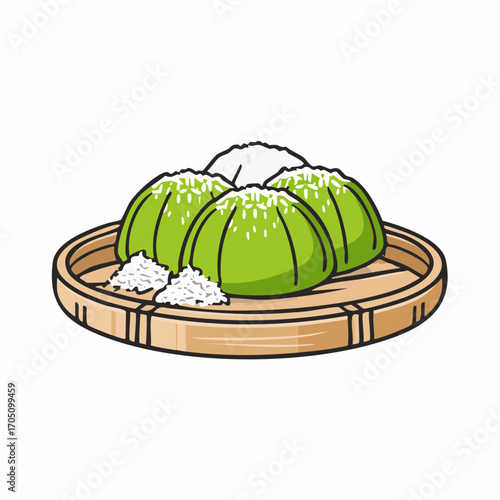 Vector illustration of a traditional Southeast Asian green dessert, glutinous rice cakes topped with grated coconut on a bamboo tray