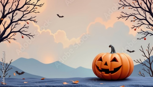 a pastel colored halloween festival background with a minimalist jack o lantern in the foreground, against an isolated sky