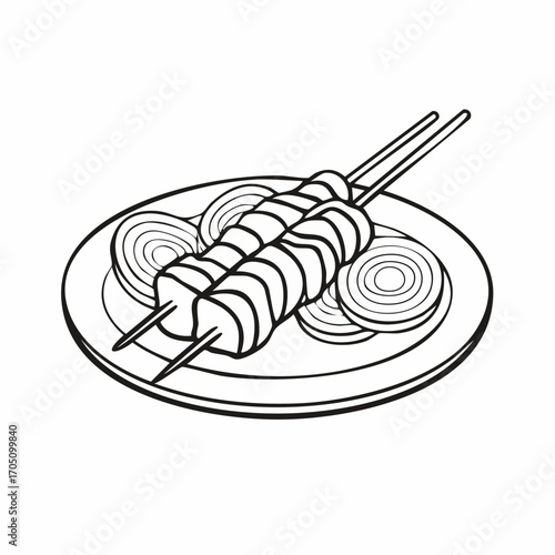 A detailed line art illustration concept of two delicious grilled food skewers served elegantly on a plate with fresh onion slices, ready for a satisfying meal depiction