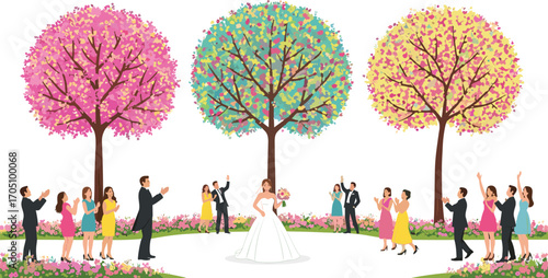 Bride wedding ceremony, spring trees, guests clapping, floral background, outdoor celebration, elegant dress, colorful nature, happy moment, joyful gathering