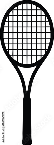 Tennis racket silhouette, black vector front view sports equipment.