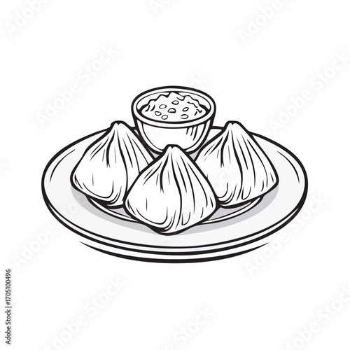 Delicious Khinkali Dumplings with Sauce on a Plate - Vector Illustration