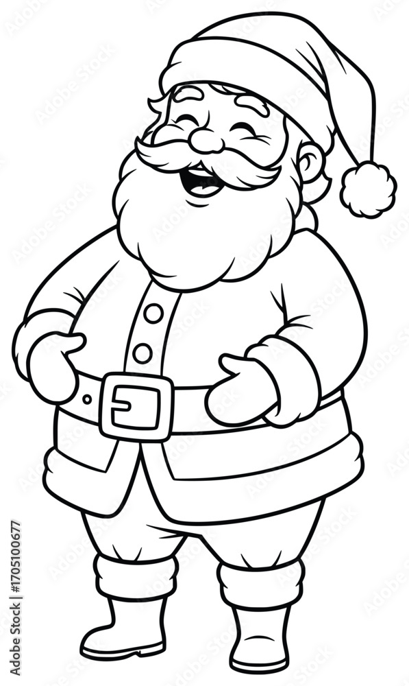 Obraz premium Santa Claus vector illustration of jolly character standing and laughing with closed eyes and open mouth drawn in clean cartoon style for cheerful holiday seasonal design