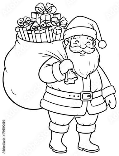 Santa Claus vector illustration of jolly character carrying a large sack filled with wrapped gift boxes drawn in clean cartoon style for holiday projects