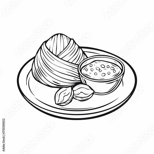 Black and white line art illustration of a traditional Asian rice dumpling, known as Ketupat, served on a plate with a savory peanut dipping sauce