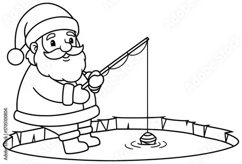 Santa Claus vector illustration of jolly character ice fishing on a frozen pond with fishing rod and bobber drawn in festive cartoon style for cheerful seasonal holiday design