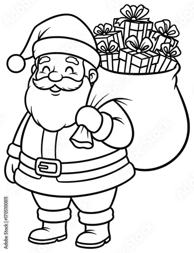 Santa Claus vector illustration of jolly character holding a large sack filled with wrapped gift boxes drawn in festive cartoon style for cheerful seasonal holiday design