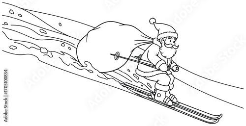 Santa Claus vector illustration of jolly character skiing downhill with a large sack of presents on his back drawn in festive cartoon style for cheerful seasonal holiday design