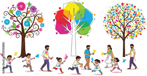 Colorful Holi festival celebration, children playing with colors, happy family, vibrant tree art, joyful outdoor Indian cultural event