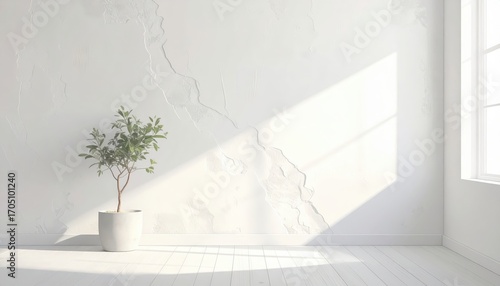 A minimalist interior scene, featuring a small plant in a white pot, bathed in natural sunlight, highlighting a textured white wall and hardwood floor.