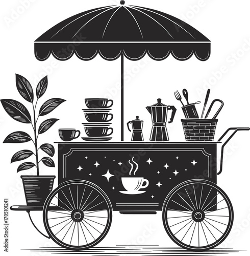Vintage coffee cart illustration with umbrella, cups, plants, kitchen tools, black and white coffee stand artwork, retro cafe street vendor