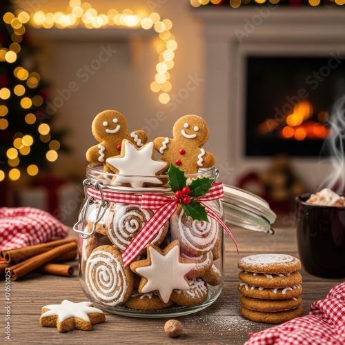 Christmas scene gingerbread cookies in jar, hot chocolate, cinnamon sticks, and cozy background with fireplace and lights