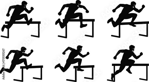 Silhouette of male athletes jumping hurdles, sports action pose, running race training, fitness performance, athletic competition, motion speed illustration
