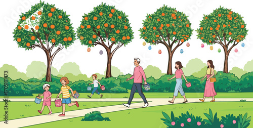 Easter egg hunt in spring park, children collecting eggs, family walking, festive trees, seasonal celebration, happy outdoors, green nature background