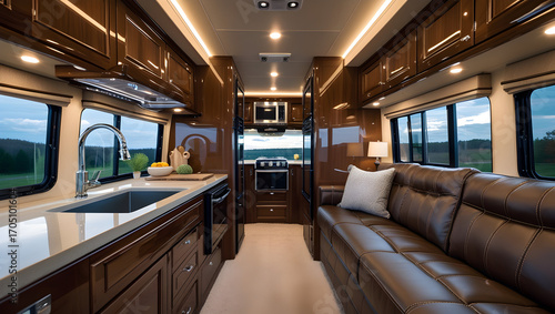 Interior view of a luxurious rv with kitchen and seating area in brown and white color scheme
