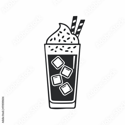 A refreshing iced coffee with whipped cream, sprinkles, and two straws in a tall glass, perfect for a hot day
