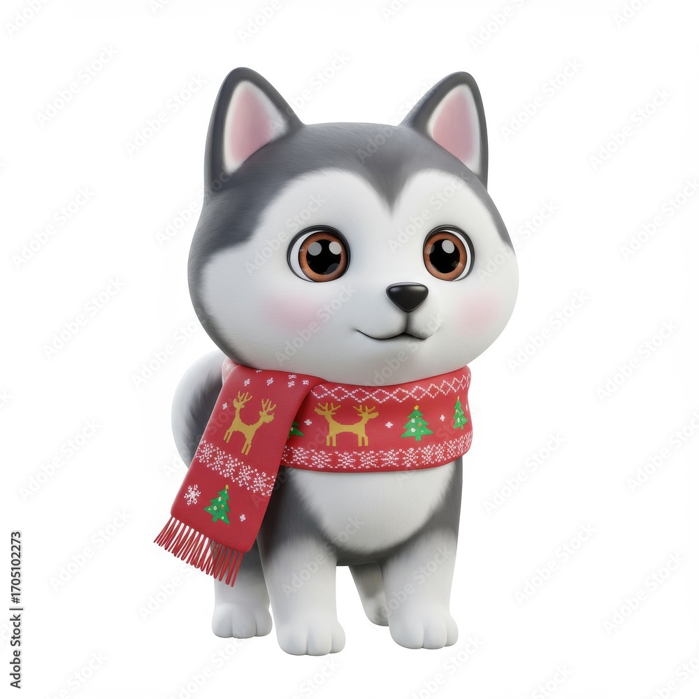Naklejka premium Cute gray and white cartoon husky wearing a festive red scarf with reindeer and trees