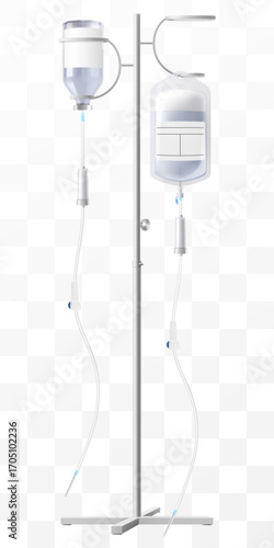 IV Stand with Drug Vial and Saline solution bag– Medical Infusion Pole with Hooks. Dropper Stand with Glass Medical Bottle. Laboratory equipment for blood transfusion. Realistic 3d Vector Illustration