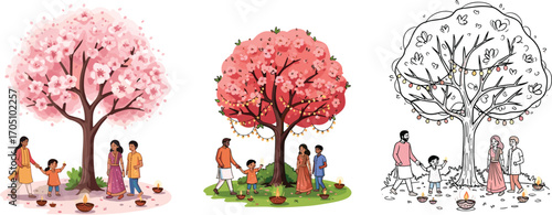 Happy Indian family celebrating festival, traditional clothing, colorful cherry blossom trees, outdoor celebration, festive lights, cultural joy, kids playing, warm atmosphere